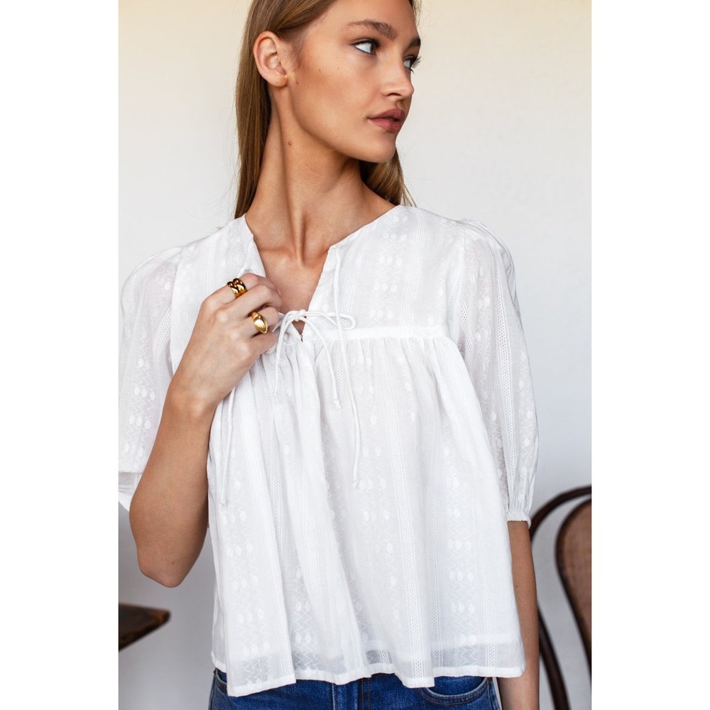 Love Tomas Emerson Fry NEW Puff Isla Top White Cotton Dobby Jacquard XS/S $148